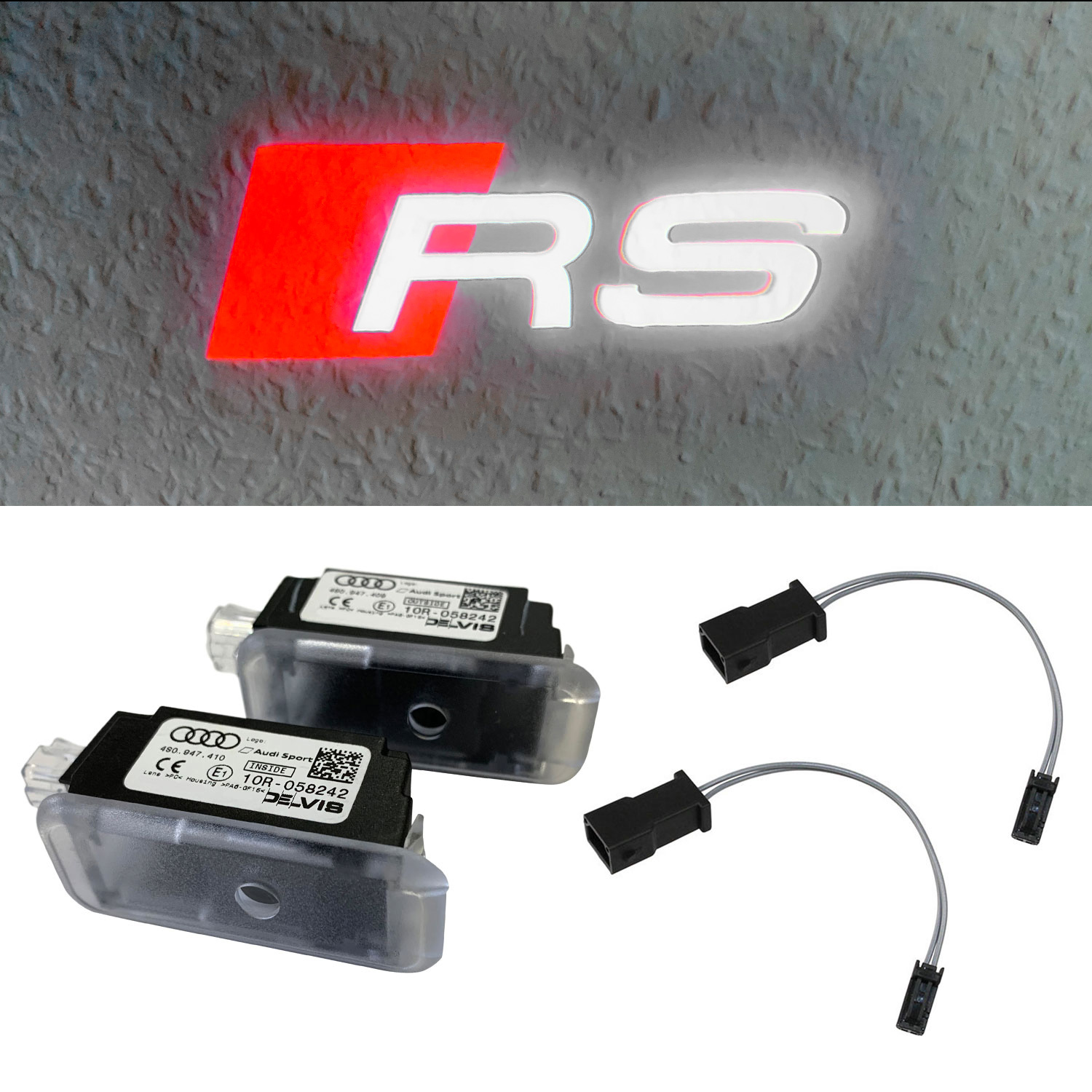 Original Audi RS LED Einstiegsbeleuchtung Logo Türe Projektor SET Links + Rechts inklusive Adapter SET 4S0947409G + 4S0947410G für viele Audi von Volkswagen AG