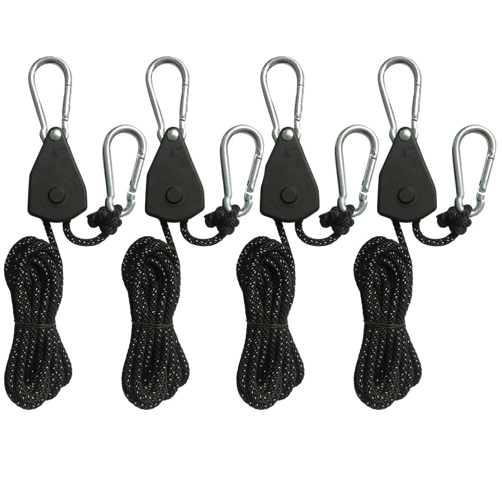 Tutamaz Ratchet Hanger 4mm×2M, Einstellbare Seil Seilhaken Ratsche mit Flaschenzug Robustes Spannseil für einfache Einstellung Zelt Zeltplane Sonnensegel Camping Licht Zimmerpflanzen (Schwarz 4Pcs) von Tutamaz