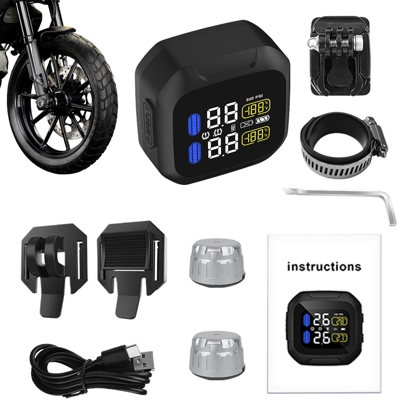 Tuxxjzm Reifendruckkontrollsystem für Motorräder,Reifendruckkontrollsystem für Motorräder,Solar-USB-Reifendrucküberwachungssystem - Motorradzubehör zur Überwachung der Reifentemperatur von Tuxxjzm