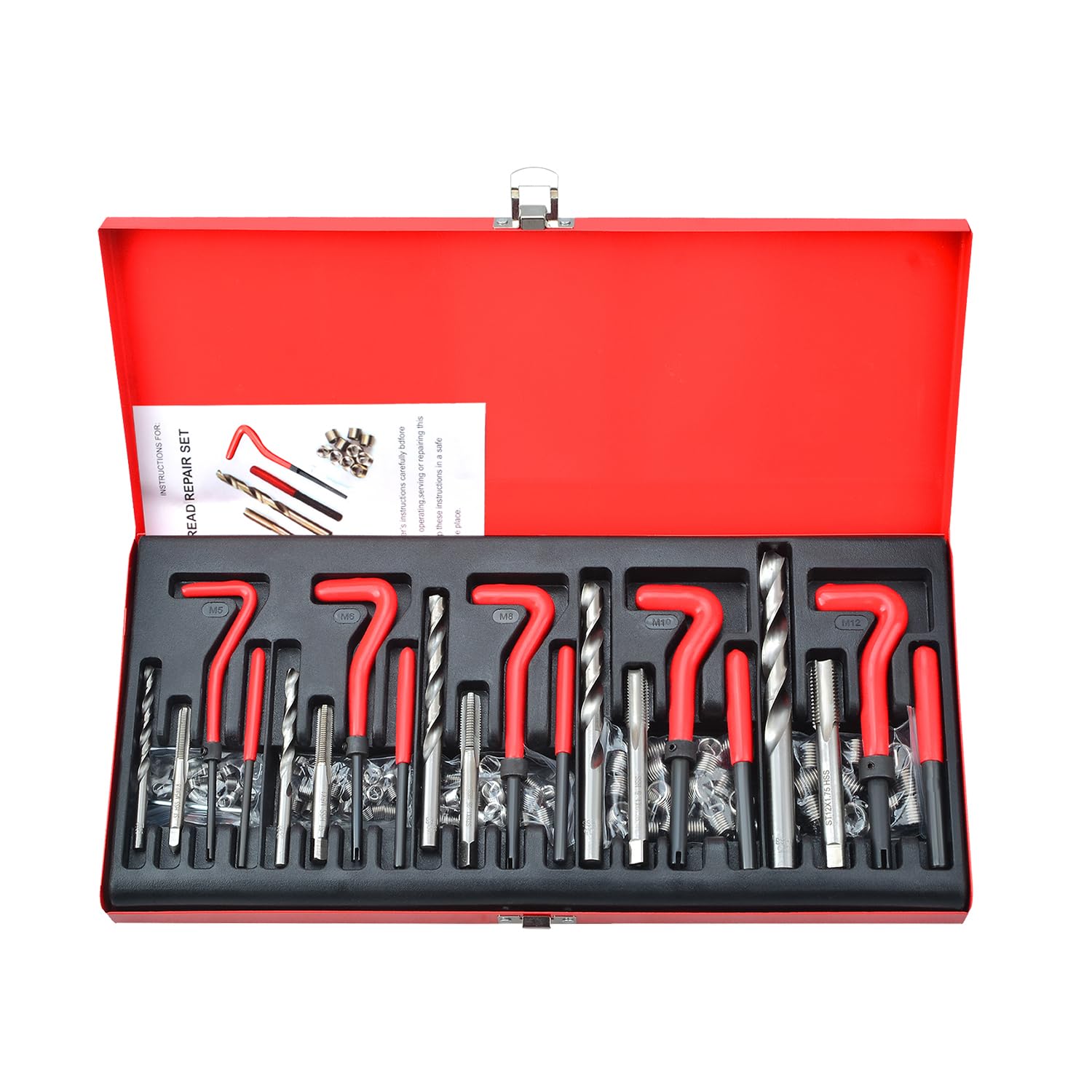 TwinSwords Gewinde Reparatur Set | Gewindereparatur Satz | Bohrer mit M5 M6 M8 M10 M12 | Einsätze Hülsen 131-teiliges 1 Set von TwinSwords