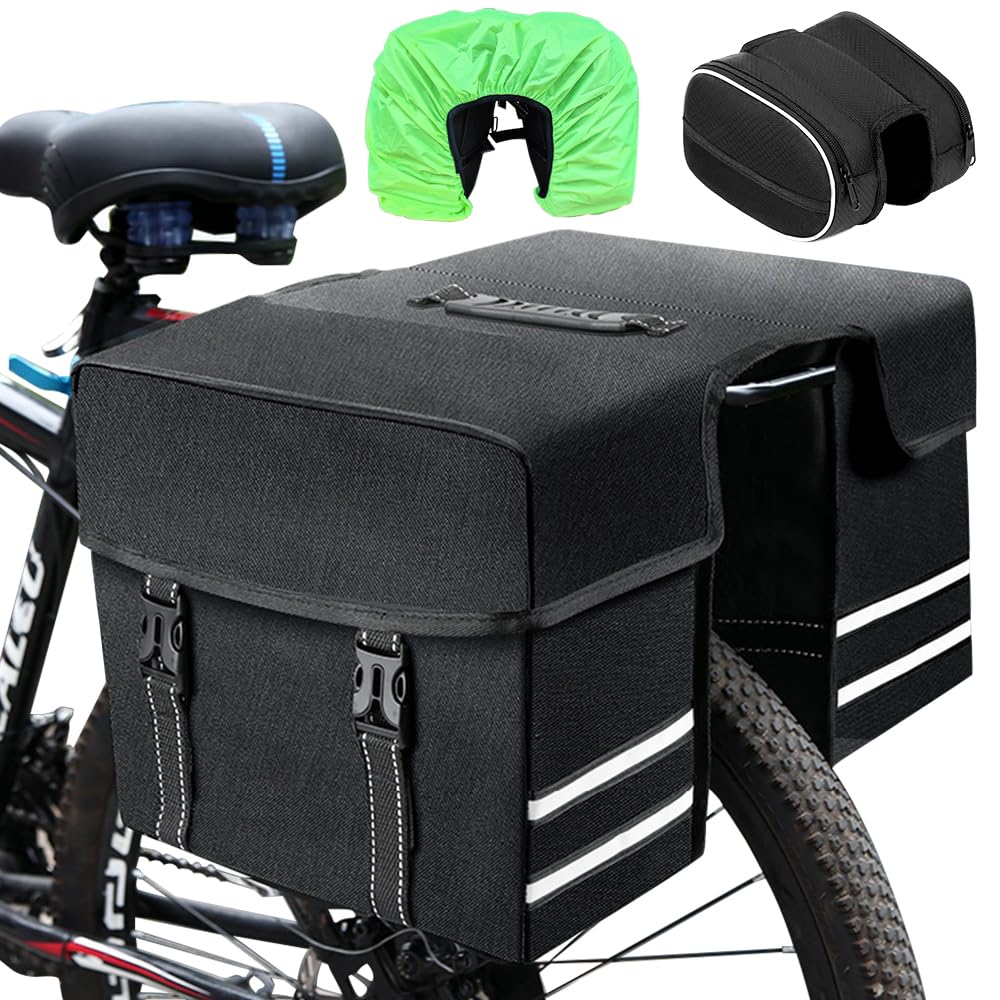 Tyuodna Fahrradtasche Gepäckträger mit Oberrohrtasche,30L Große Fahradtaschen Hinten Gepäckträger,Wasserdicht Fahrrad Gepäckträgertasche mit Wasserdicht Regenschutz (Schwarz) von Tyuodna