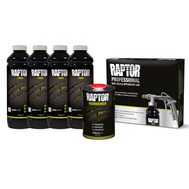 U-POL Raptor Beschichtung KIT, 4 Flaschen-Satz inkl. Härter 3,79 Liter, weiß, mit Raptor Vari Nozzle Spritzpistole von U-POL