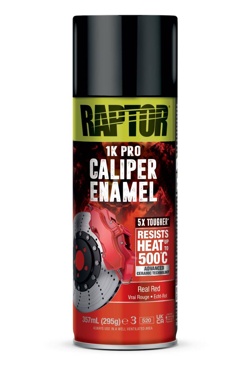 U-POL Raptor Caliper Enamel | Bremssattellack | 1K Spraydose | Hitzebeständig bis 500°C | Schutz vor Hitze, Bremsstaub, Autoflüssigkeiten & Korrosion (Echt Rot/Real Red - 357ml) von U-POL