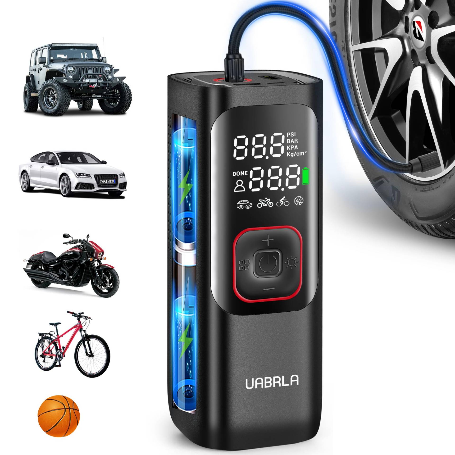 UABRLA Elektrische Luftpumpe für Reifen 2X Schneller & Leistungsstark 160PSI, Tragbar Kompressor mit 7500mAh Akku, Präzises Digital LCD Reifenpumpe für Fahrräder, Motorrad, Auto & Bälle von UABRLA