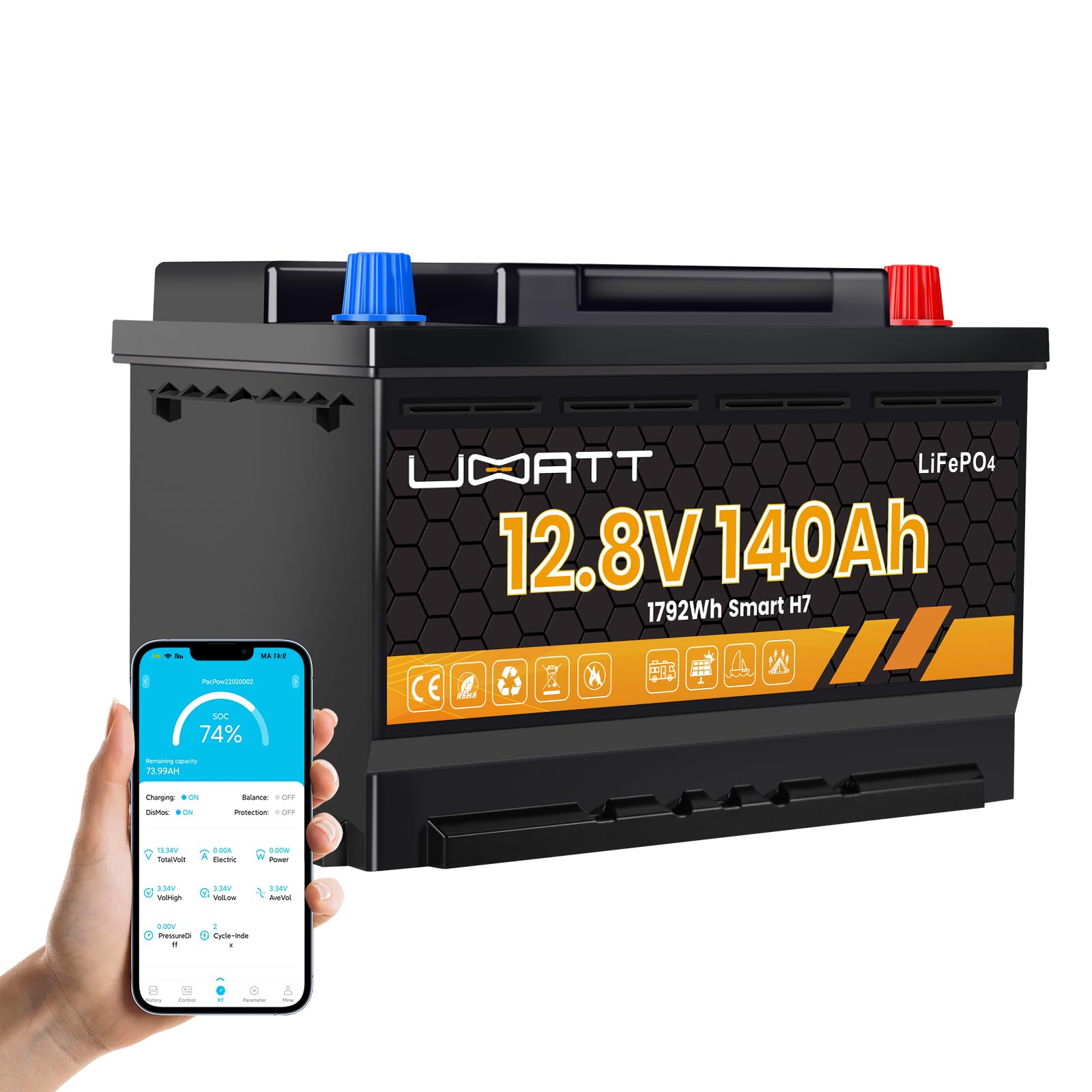 12.8V 140Ah LiFePO4 Bluetooth Lithium Batterie mit BMS – Hohe Kapazität, Langsame Entladung, Kompakt & Leicht – Für Wohnmobile, Boote & Solar, bis zu 15.000 Zyklen von UBATT