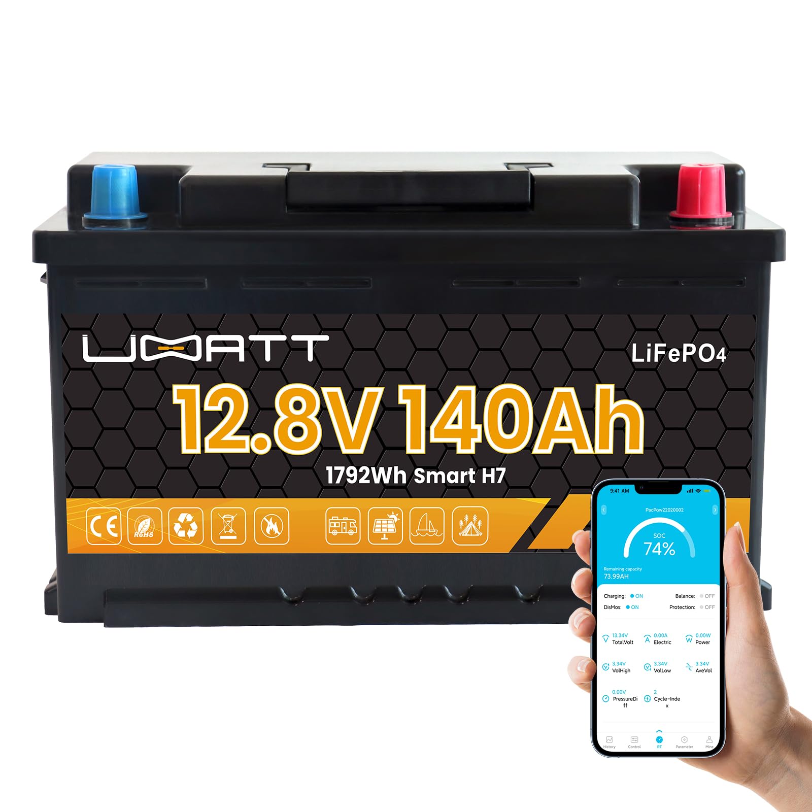 12.8V 140Ah LiFePO4 Bluetooth Lithium Batterie mit BMS – Langsame Entladung, Kompakt & Leicht – Für Wohnmobile, Boote & Solar, bis zu 15.000 Zyklen von UBATT