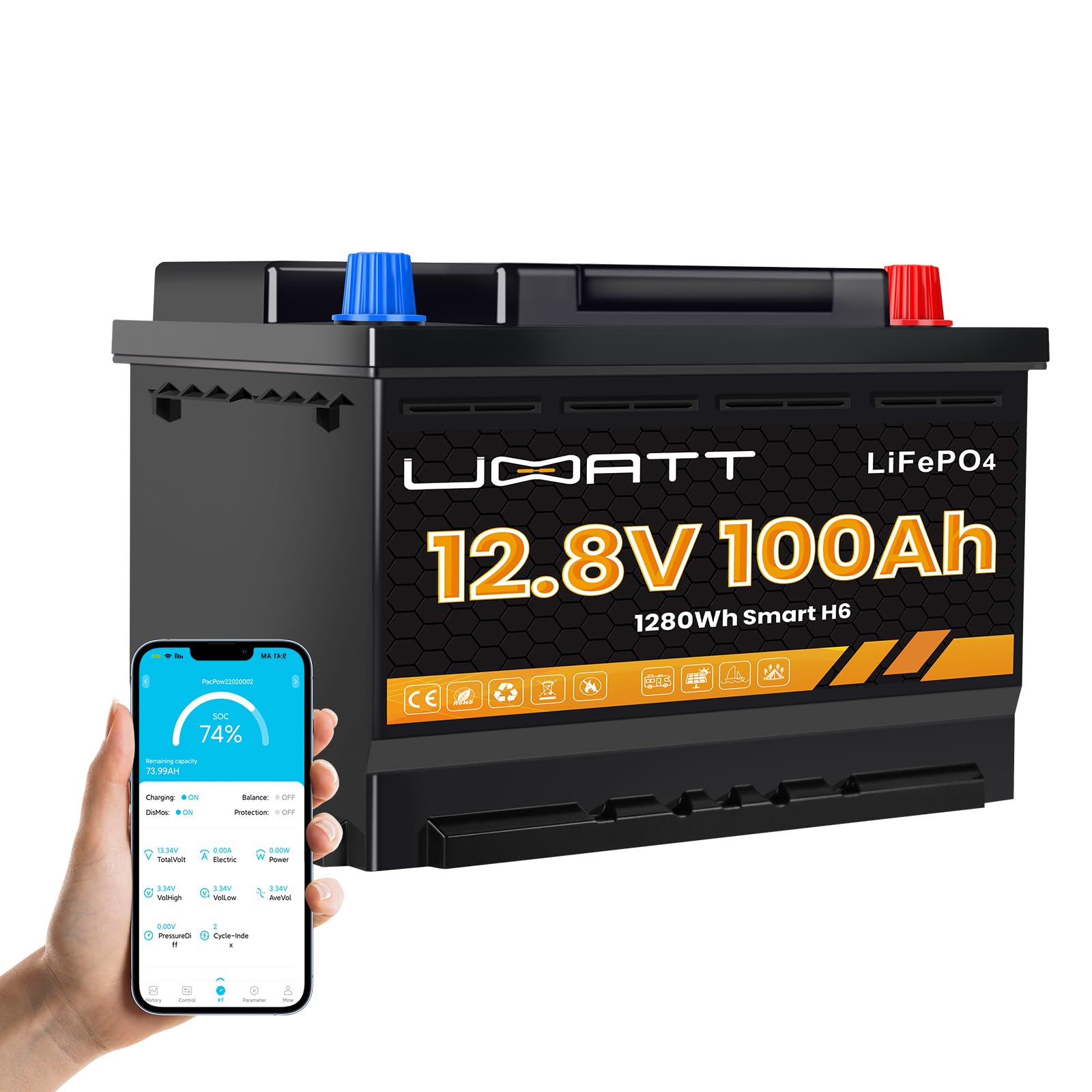 UBATT 12,8V 100Ah LiFePO4 Lithium-Batterie, 1280Wh Akku mit 100A BMS, über 5000 Ladezyklen, Kompakt und Leicht, Ideal für Wohnmobile, Boote, Solaranlagen und Outdoor-Camping von UBATT