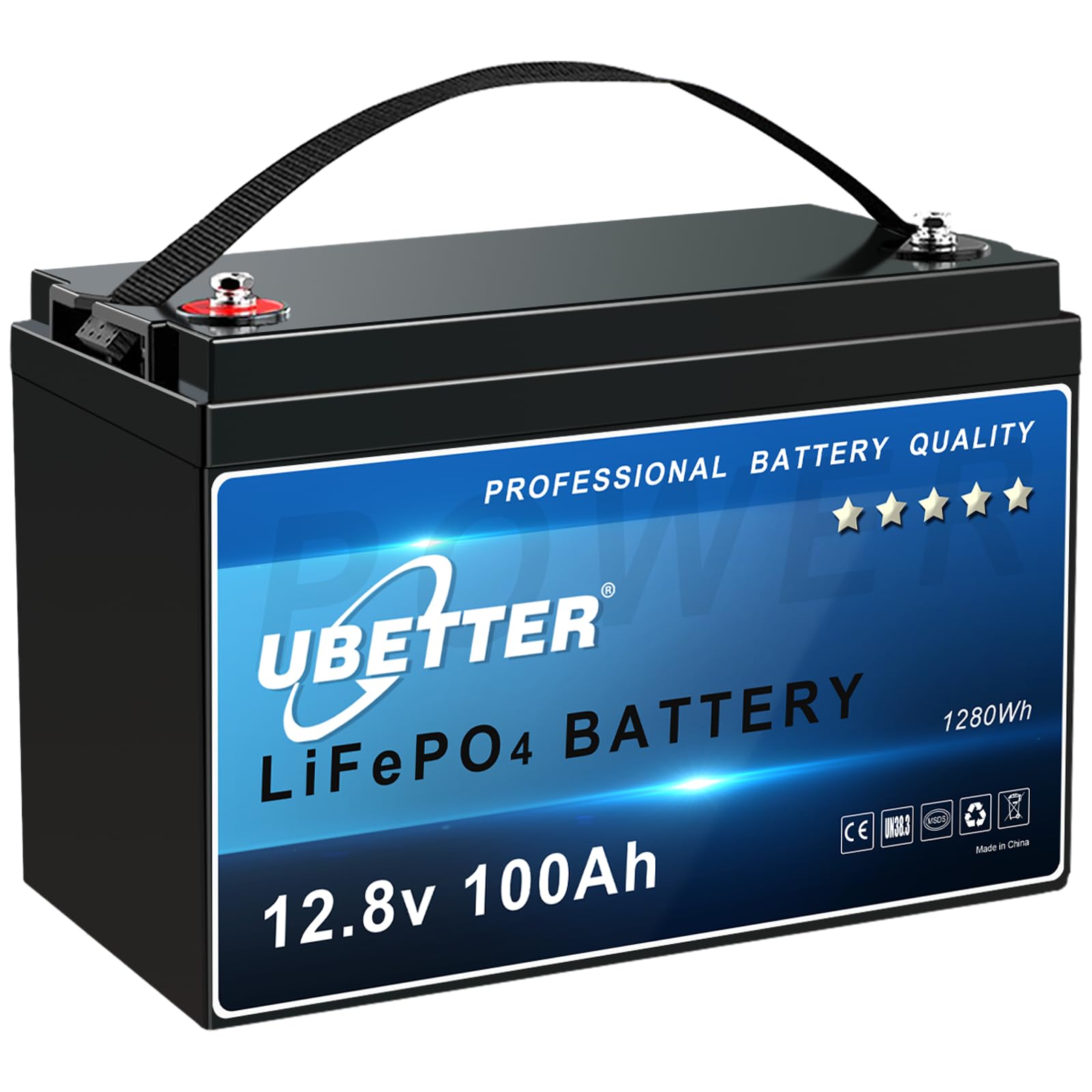 UBETTER 12V 100Ah LiFePO4 Batterie Lithium Batterie 12V mit 100A BMS, 4000-15000 Zyklen Deep Cycle Lithium Akku, MAX 1280W Leistung für Wohnwagen, Camping, Solar Home Systeme, Boote von UBETTER