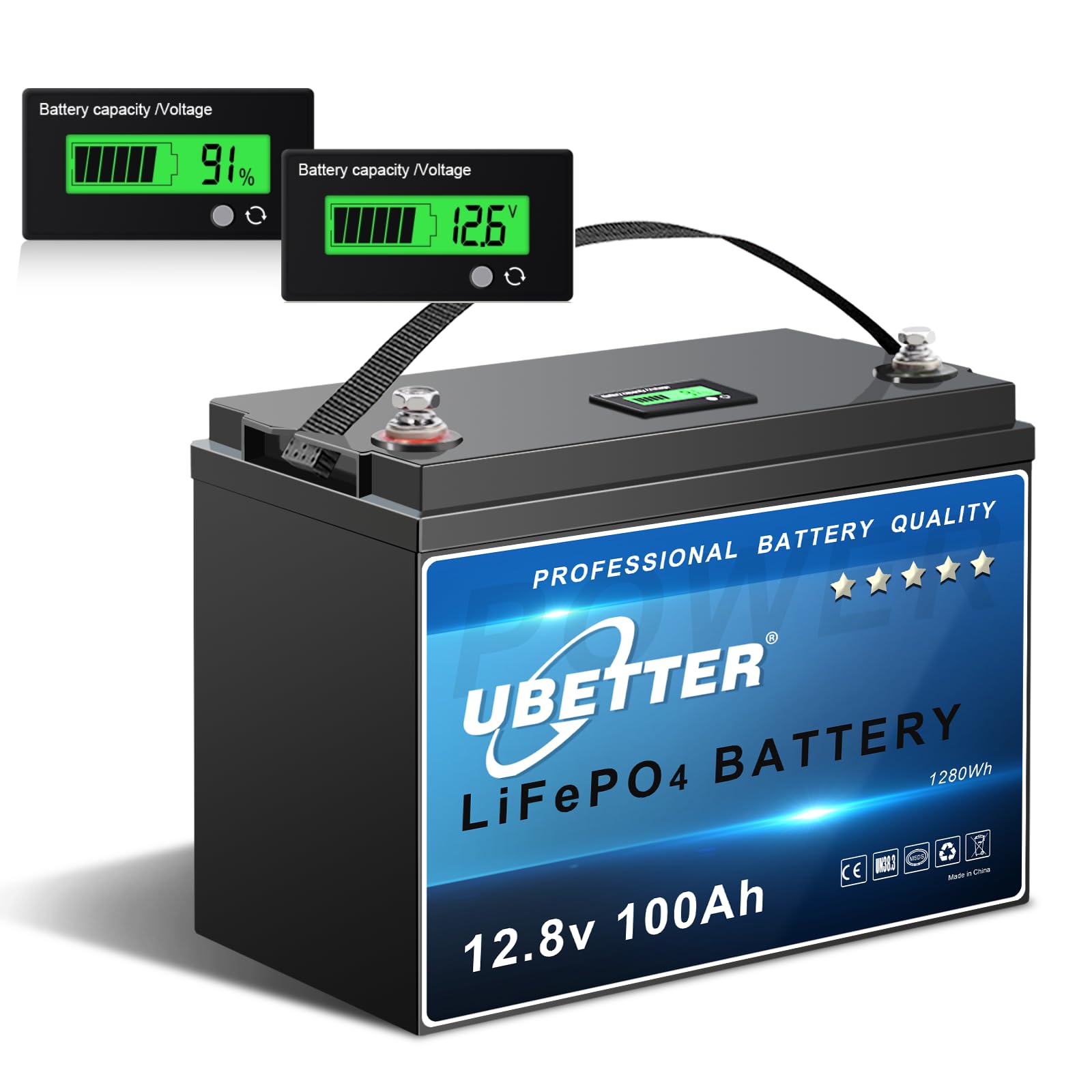 UBETTER Mini 12V 100Ah LiFePO4 Batterie, 12V Lithium Akku mit 100A BMS und Display, 4000+ Mal Deep Cycles, Unterstützung in Serie/Parallelschaltung, perfekt für Innen und Außen von UBETTER