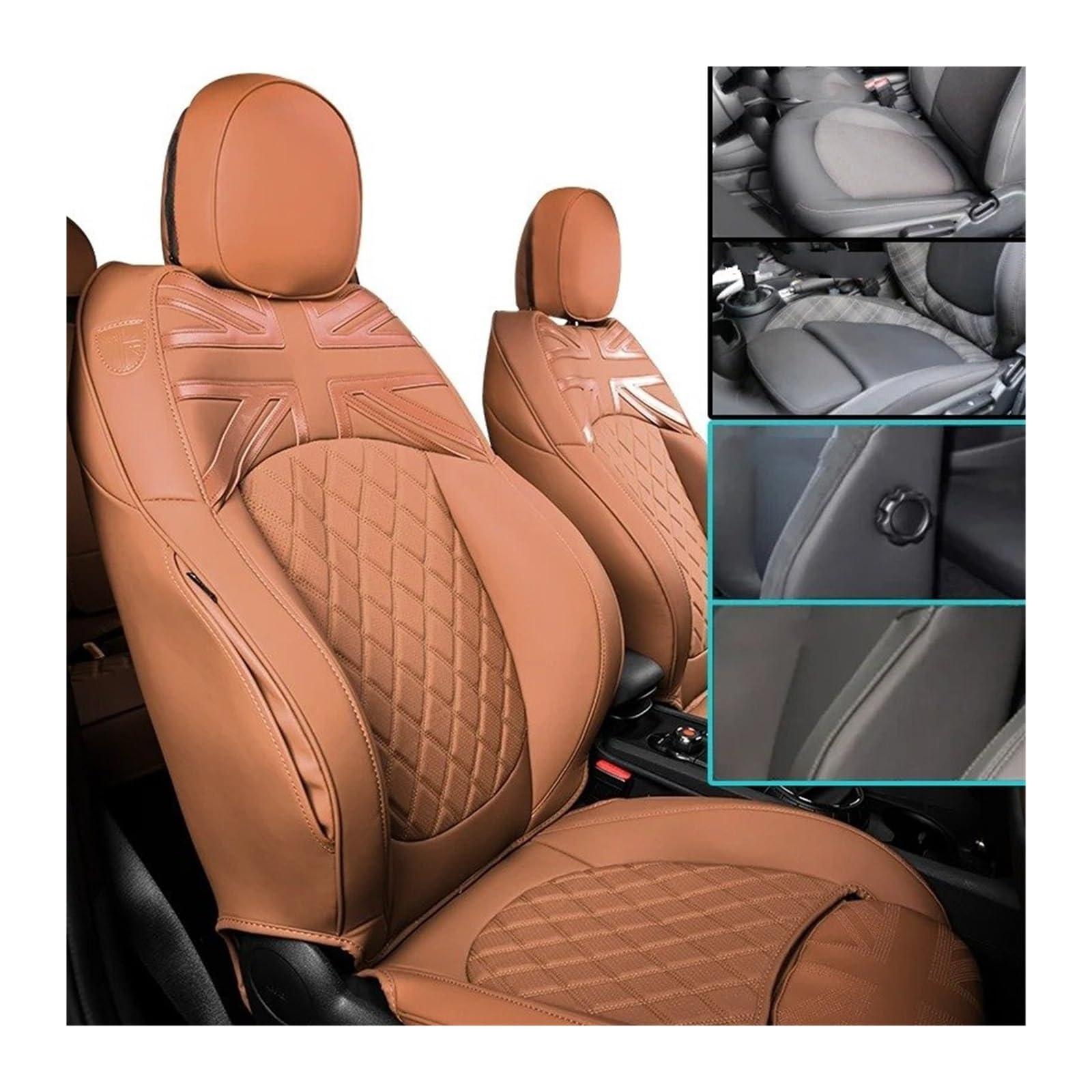 UFITIDU Auto Sitzbezug Autositzbezug Für Mini Für Cooper F54 F55 F56 F57 F60 Leder Vollumrandung Kissenpolster Auto Innenschutz Zubehör Custom Auto Schonbezüge(with Leg Support,Brown_Front Rear SEAT) von UFITIDU