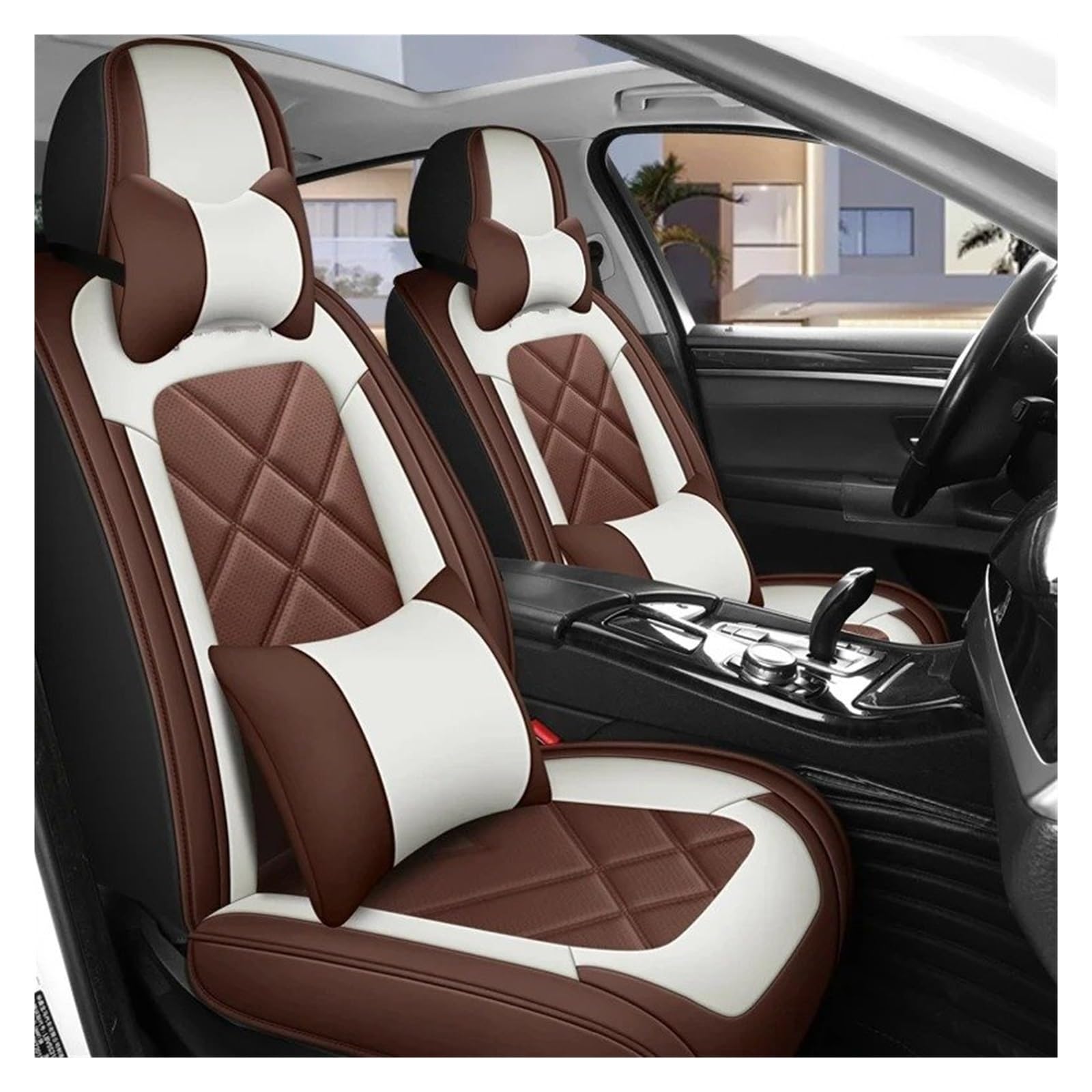 UFITIDU Auto Sitzbezug Für Haval Alle Modelle H1 H2 H3 H4 H6 H7 H8 H9 H5 M6 H2S H6coupe Innen Universal Leder Auto Sitz Abdeckung Auto Zubehör Auto Schonbezüge(Coffee White Pillow) von UFITIDU