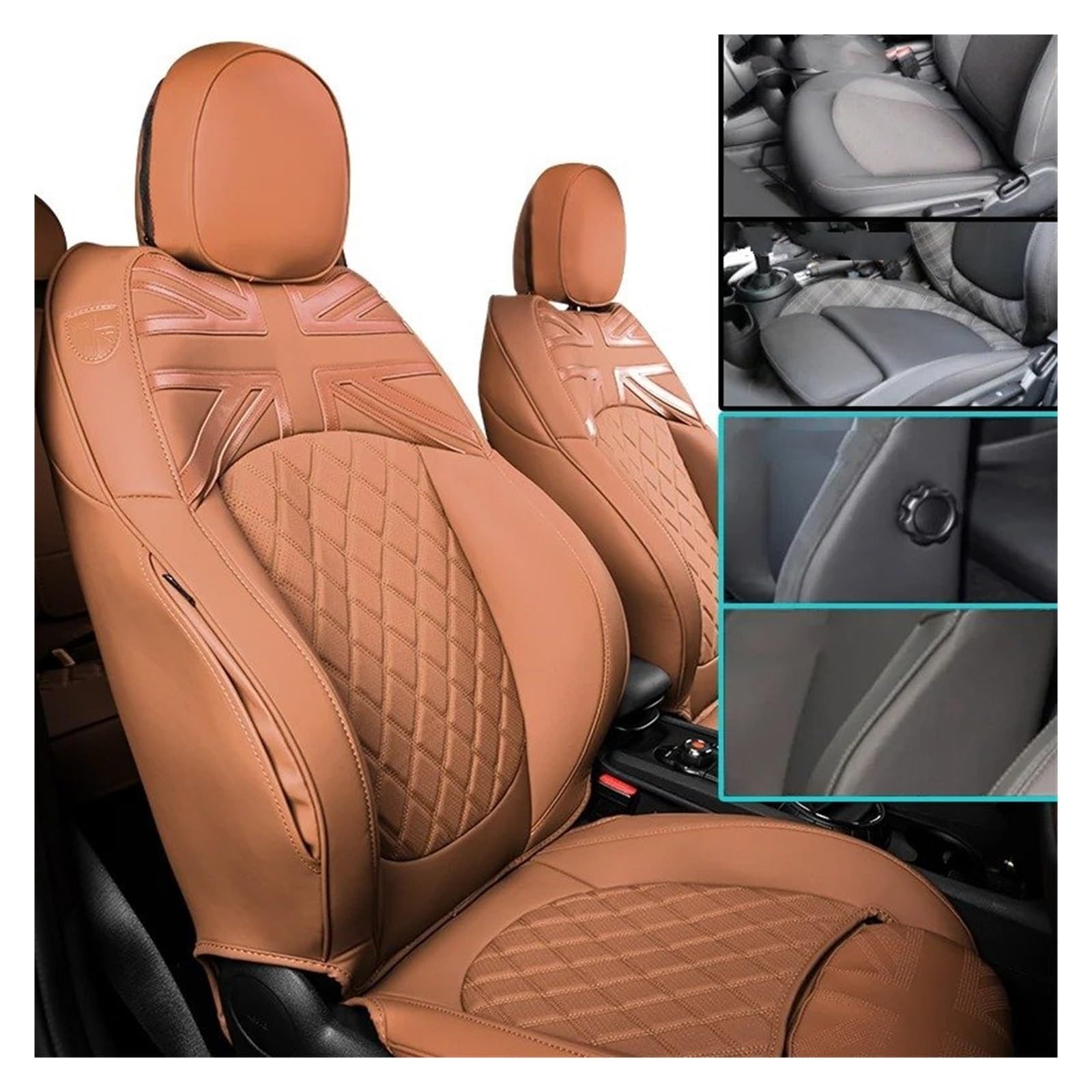 UFITIDU Auto Sitzbezug Für Mini Für Cooper F54 F55 F56 F57 F60 Leder Full Surround Kissen Pad Auto Innen Schutz Zubehör Custom Auto Sitzbezug Auto Schonbezüge(with Leg Support,Brown_Rear SEAT) von UFITIDU