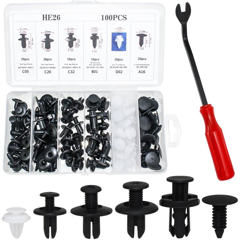 Auto Befestigung Clips Set,Befestigungsclips Türverkleidung Klammern Stoßstangen Zierleisten Spreiznieten Kunststoffnieten Plastikklips Lösewerkzeug Zierleistenkeile Kit Universal (100 Stück) von UGBO