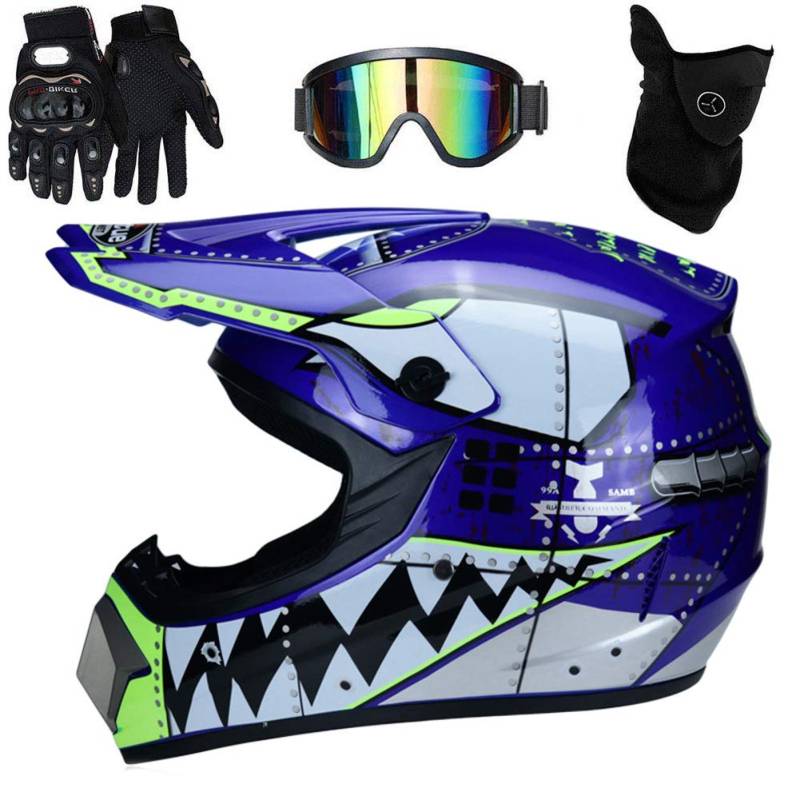 UIGJIOG 1.Motorrad Crosshelm Set Mit Brille Handschuhe Maske Korallenvlies Handtuch Motorrad Netz, Fullface MTB Helm Kinder Cross Helm,Unisex Fahrrad Enduro Downhill BMX Off Road ,Blau,L(56~57cm) von UIGJIOG