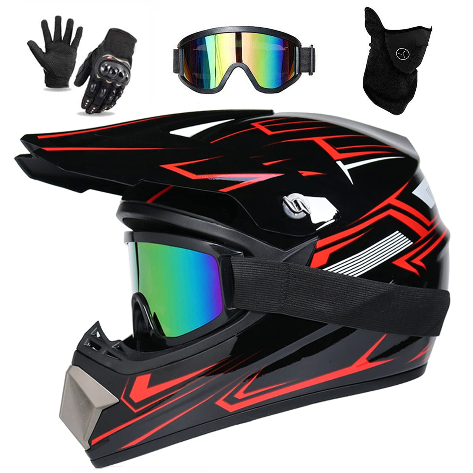 UIGJIOG Downhill Motorradhelm Kinder, Helm Set Herren ATV Motorradhelm D.O.T Zertifizierter Helm Mit Brille Handschuhe, Integralhelm MTB Inklusive 4 Größen Helmfutter,A von UIGJIOG