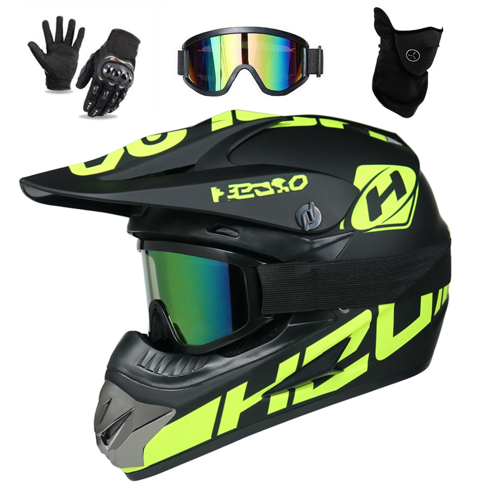 UIGJIOG Downhill Motorradhelm Kinder, Helm Set Herren ATV Motorradhelm D.O.T Zertifizierter Helm Mit Brille Handschuhe, Integralhelm MTB Inklusive 4 Größen Helmfutter,C von UIGJIOG