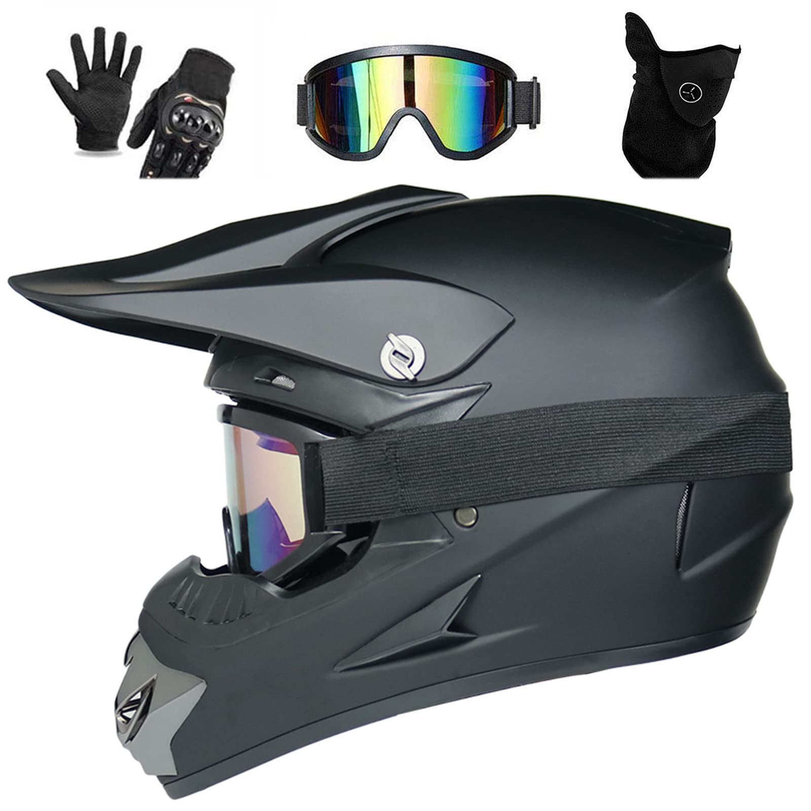 UIGJIOG Kinder Motorradhelm Crosshelm Schwarz,Cross Helm Herren Fullface Helm MTB DOT-Zertifizierung Inklusive Brille, Handschuhe Und Masken Set,A von UIGJIOG