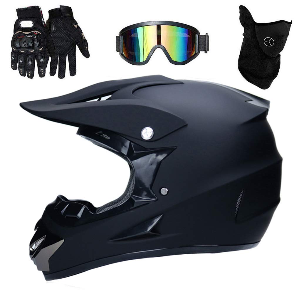 UIGJIOG Motocross Helm Set (4 Stück/Mattschwarz) Cross Helm Mit Handschuhe Brille Maske, Kinder Helm Vier Jahreszeiten Unisex/DOT Genehmigt,A,L(56~57cm) von UIGJIOG