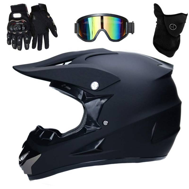 UIGJIOG Motocross Helm Set (4 Stück/Mattschwarz) Cross Helm Mit Handschuhe Brille Maske, Kinder Helm Vier Jahreszeiten Unisex/DOT Genehmigt,A,M(54~55cm) von UIGJIOG