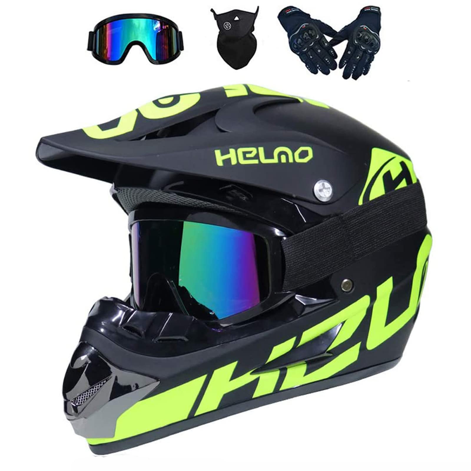 UIGJIOG Motocross Helm mit Brillen Maske Handschuhe, Herren Damen Motorrad-Helm Off-Road Downhill-Enduro-Helm-ATV-MTB-BMX Dirt Bikes Quad Motorräder Full-Face Schutz-Helm,I,L(56~57cm) von UIGJIOG