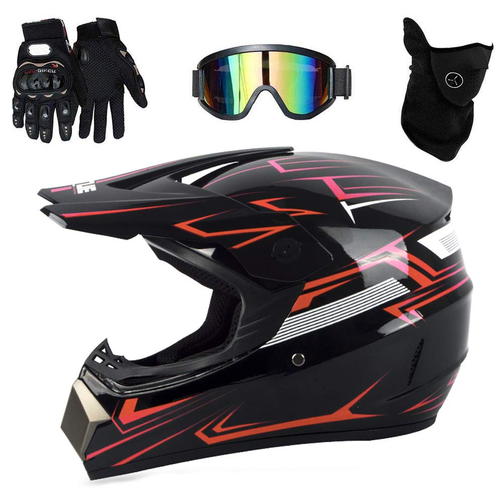 UIGJIOG Motocross Helm mit Brillen Maske Handschuhe, Herren Damen Motorrad-Helm Off-Road Downhill-Enduro-Helm-ATV-MTB-BMX Dirt Bikes Quad Motorräder Full-Face Schutz-Helm,N,L(56~57cm) von UIGJIOG