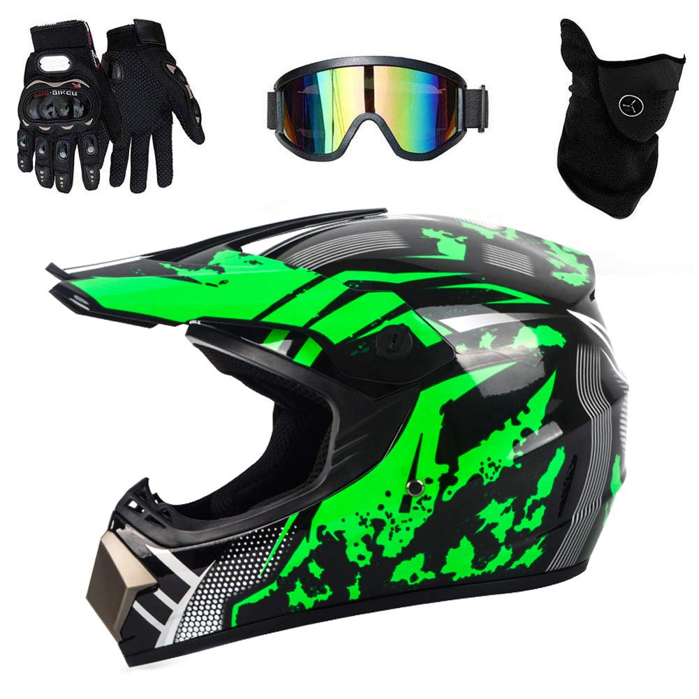 UIGJIOG Motocross Helm mit Brillen Maske Handschuhe, Herren Damen Motorrad-Helm Off-Road Downhill-Enduro-Helm-ATV-MTB-BMX Dirt Bikes Quad Motorräder Full-Face Schutz-Helm,O,M(54~55cm) von UIGJIOG