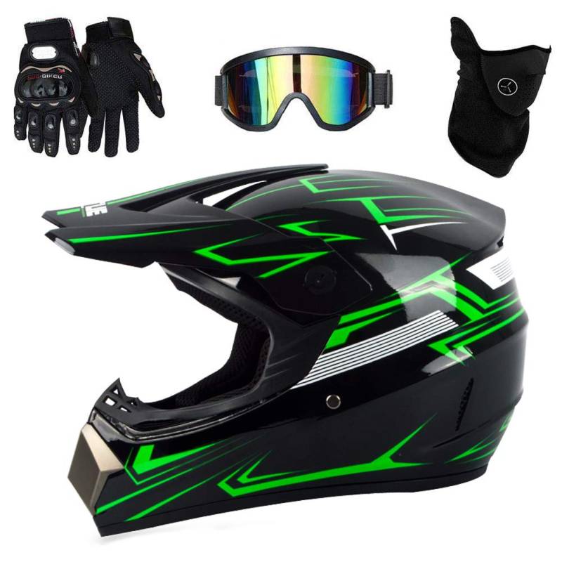 UIGJIOG Motorrad Crosshelm mit Brille (4 Stück) - Adult Motocross Helm Erwachsener Off Road Fullface MTB Helm Mopedhelm Motorradhelm für Damen Herren Sicherheit Schutz,Grün,L(56~57cm) von UIGJIOG