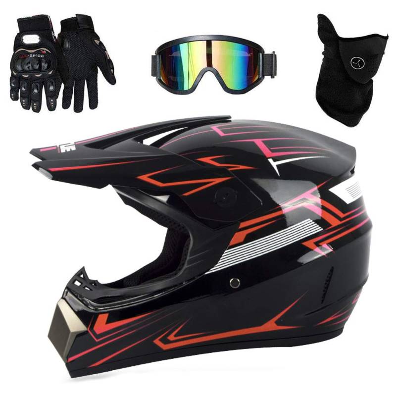 UIGJIOG Motorrad Crosshelm mit Brille (4 Stück) - Adult Motocross Helm Erwachsener Off Road Fullface MTB Helm Mopedhelm Motorradhelm für Damen Herren Sicherheit Schutz,Rot,L(56~57cm) von UIGJIOG