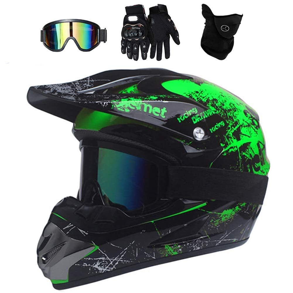 UIGJIOG Motorradhelm,Motocross Helm,Helm Kinder,Helmets Kinder-Cross-Helm, Road Helm mit Handschuhe Maske Brille, ATV Helm,Grün,L(56~57cm) von UIGJIOG