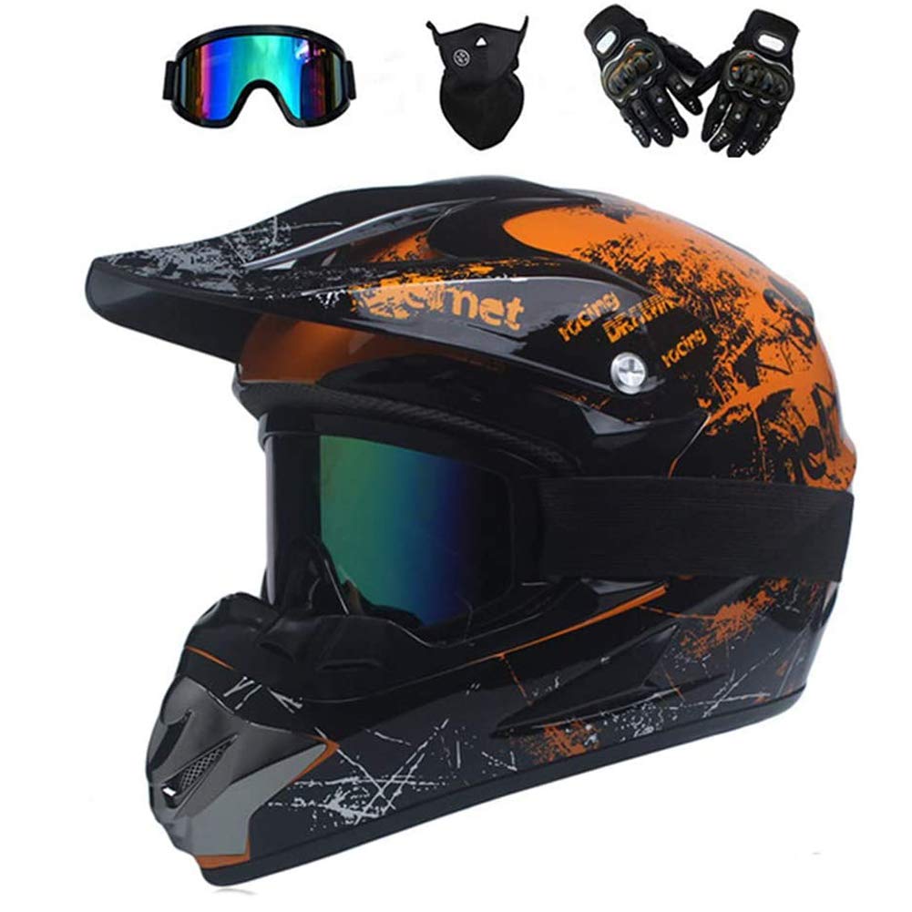 UIGJIOG Motorradhelm,Motocross Helm,Helm Kinder,Helmets Kinder-Cross-Helm, Road Helm mit Handschuhe Maske Brille, ATV Helm,Orange,L(56~57cm) von UIGJIOG