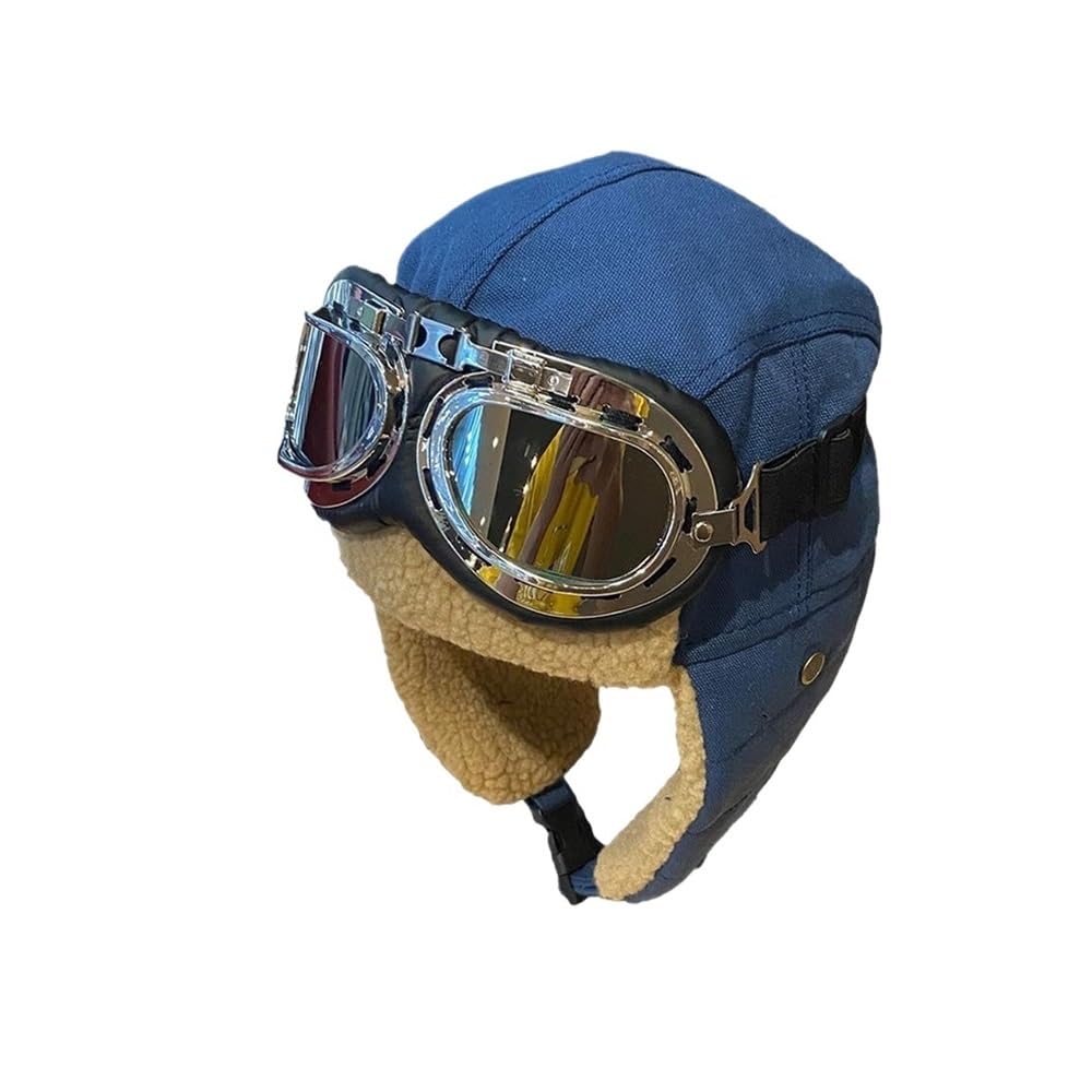 UIJIQX Warme Winter-Motorradmütze, Fliegermütze und Brille, Kostüm-Zubehör für Herren und Damen, Outdoor, Ski, Radfahren, Pilotenmütze, Mützen (blau) von UIJIQX