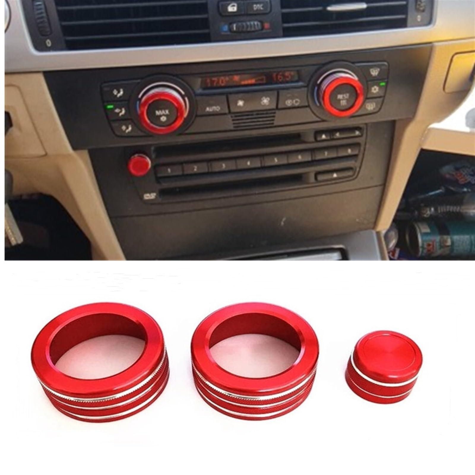 for BMW, 3er-Serie 2005–2013 E90 E91 E92 E93, Auto-Klimaanlage, Sound-Trim-Knopf-Abdeckung, Innendekorationszubehör Bedienknopf-Abdeckring(Red(3pcs)) von UJMOK