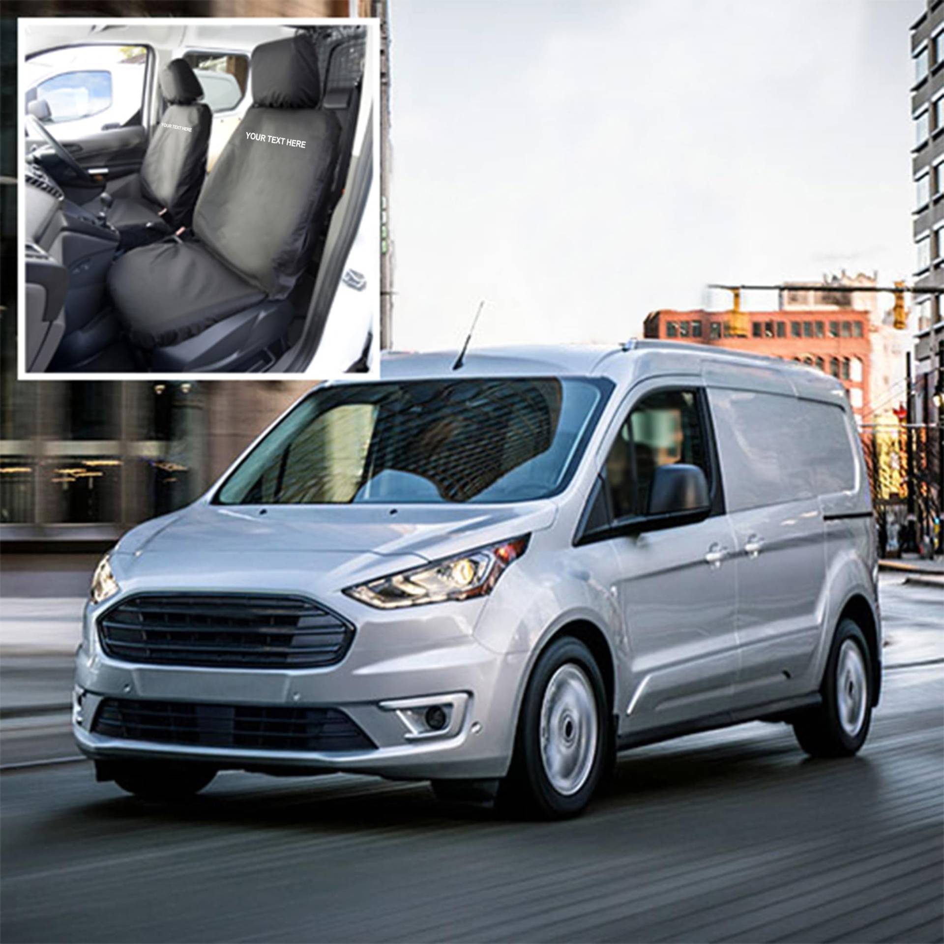 Passend für Ford Transit Connect Sitzbezüge (ab 2018) Inc. Stickerei, wasserdicht, langlebig, einfach anzubringen, maßgeschneidert, schwarz von UK Custom Covers