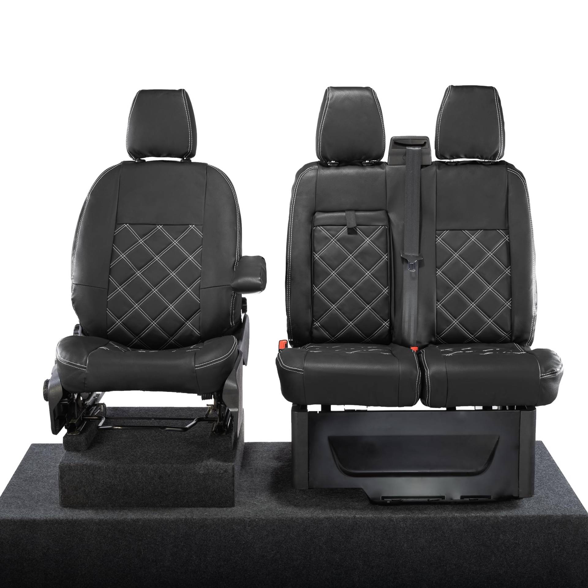 UK Custom Covers Passend für Ford Transit Custom (2013–2023) Vordersitzbezüge aus Kunstleder (Einzel-/Doppelbett mit ausziehbarer Schale) mit personalisierter Stickerei, Schwarz von UK Custom Covers