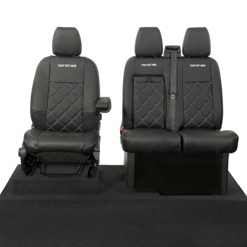 UK Custom Covers Passend für Ford Transit Custom (2013–2023) Vordersitzbezüge aus Kunstleder (Einzel-/Doppelbett mit ausziehbarer Schale) mit personalisierter Stickerei, Schwarz von UK Custom Covers