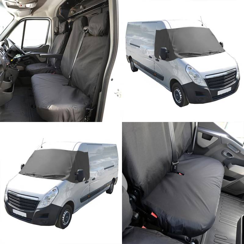 UK Custom Covers SW656DARKGREY-SC236BAD3 Maßgeschneiderte, wasserdichte Vordersitzbezüge (ohne geteilte Basis mit klappbarer Mitte), Schwarz und Frontscheibenbezug, Dunkelgrau, passend für Opel Movano von UK Custom Covers