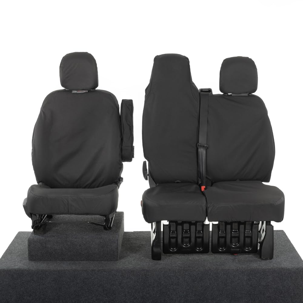 UK Maßgefertigt Bezüge SC147BAD2-EM Maßgeschneidert Schwerlast Wasserdicht Vorne Seat (Mit Faltbar Mittlere) Schwarz - Inklusive Stickerei - Passend Für Renault Trafic Sport Business + 2013 Ab von UK Custom Covers