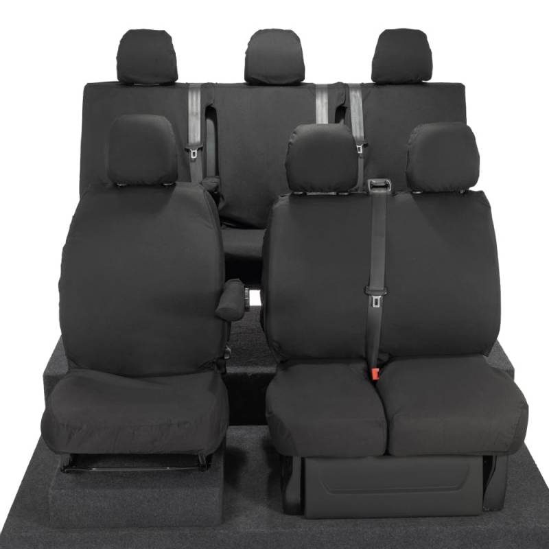 UK Maßgefertigt Bezüge SC188B SC189BAD2 EM Maßgeschneidert Schwerlast Wasserdicht Vorne & Hinten Seat (Split Base Auf Links Sitze) - Inklusive Stickerei - Schwarz - Zu Fit Renault Trafic Doppelkabine von UK Custom Covers