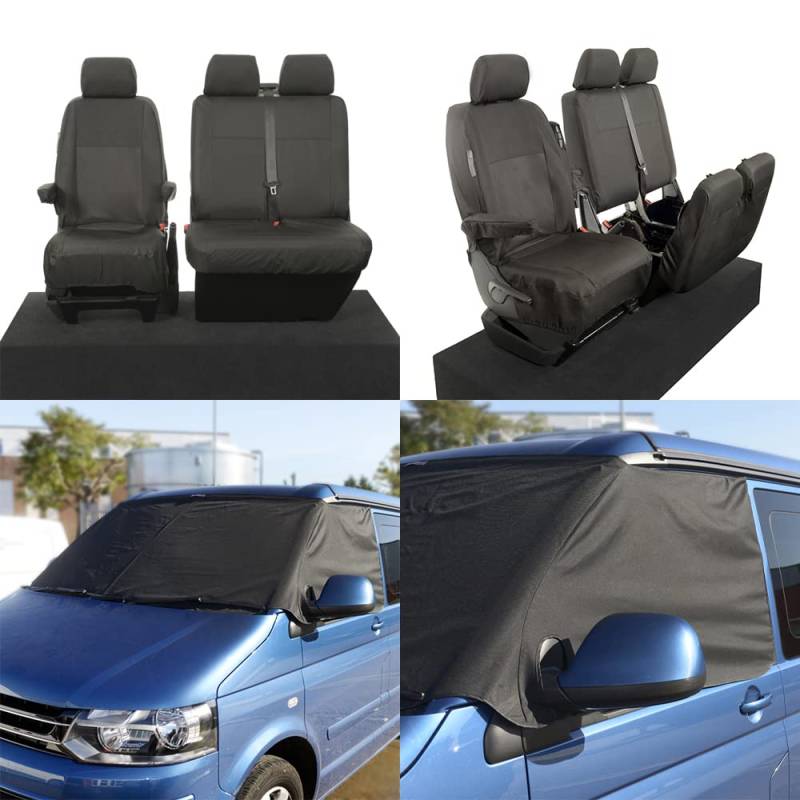 UK Maßgefertigt Bezüge SW118BLACK-SC103B Tailliert Wasserdicht Vorne Seat (Einzel/Doppel mit Armlehnen) Schwarz & Windschutzscheibe Wrap Abdeckung - Passend Für VW Transporter T5/T5.1 Kombi 2003-2015 von UK Custom Covers