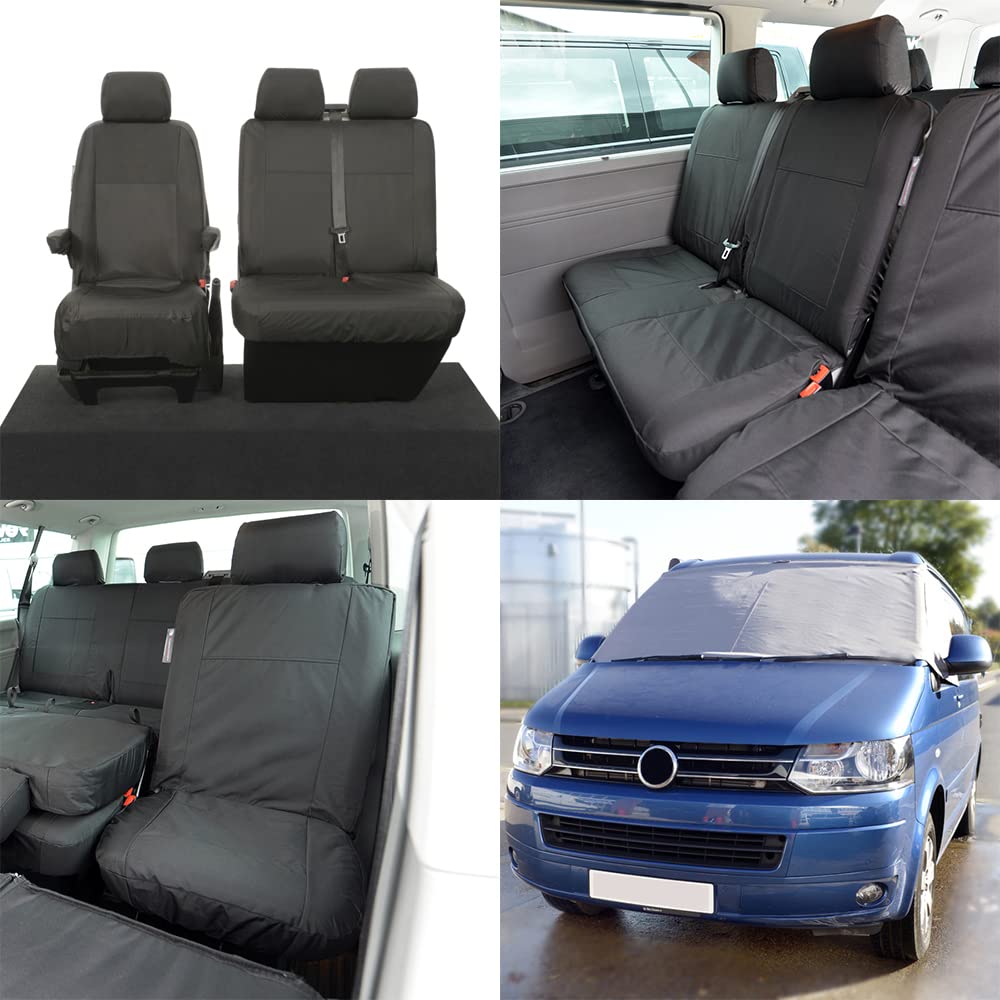 UK Maßgefertigt Bezüge SW118GREY-SC103B-212B-213B Vorne & Heck Seat Bezüge (6 Personen mit Vorne Armlehnen) & Windschutzscheibe Wrap Abdeckung - Passend Für VW Transporter T5/T5.1 Kombi 2003-2015 von UK Custom Covers