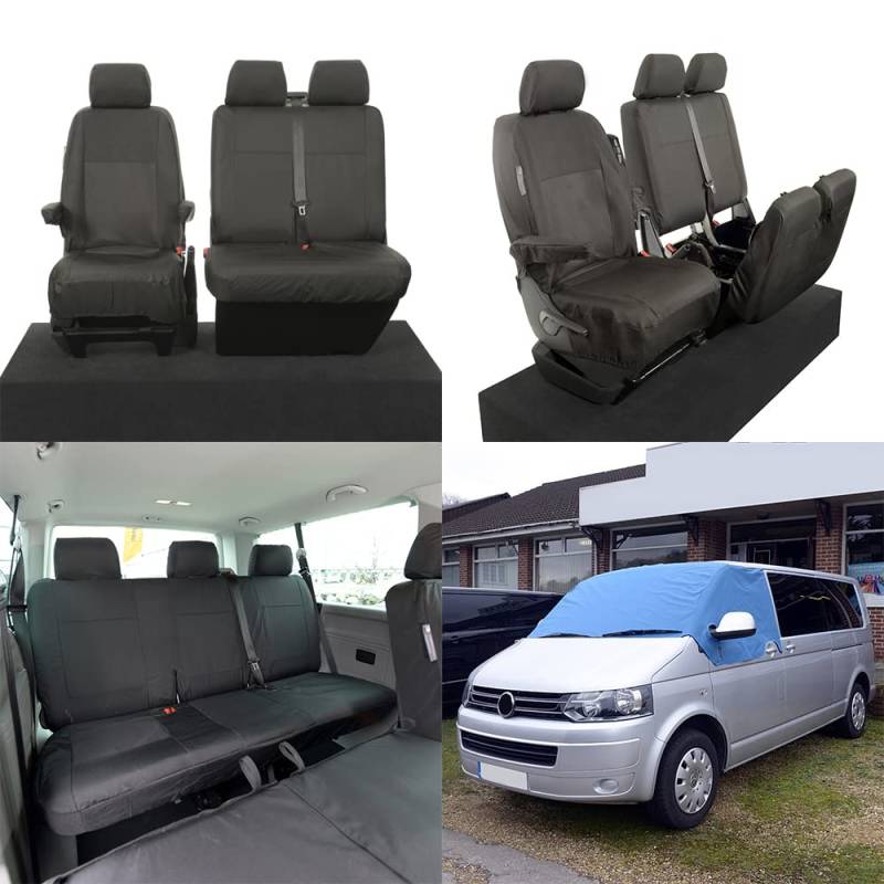 UK Maßgefertigt Bezüge SW190BLUE-SC103B-245B Vorne & Heck Seat (6 W / 2nd Reihe Bank mit Armlehnen) Schwarz & Windschutzscheibe Wrap Abdeckung Blau - Passend Für VW Transporter T5/T5.1 Kombi 2003-2015 von UK Custom Covers