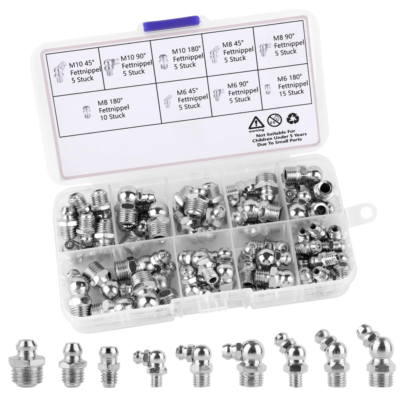 60PCS Schmiernippel Sortiment Kit, Hydraulik Fettnippel,Schmiernippel Fettnippel Sortiment, Kegelschmiernippel, Gerade Abgewinkelt 45° 90° 180°,M6 M8 M10 Kegelnippel Abschmiernippel für Schmierpressen von UKOFEW