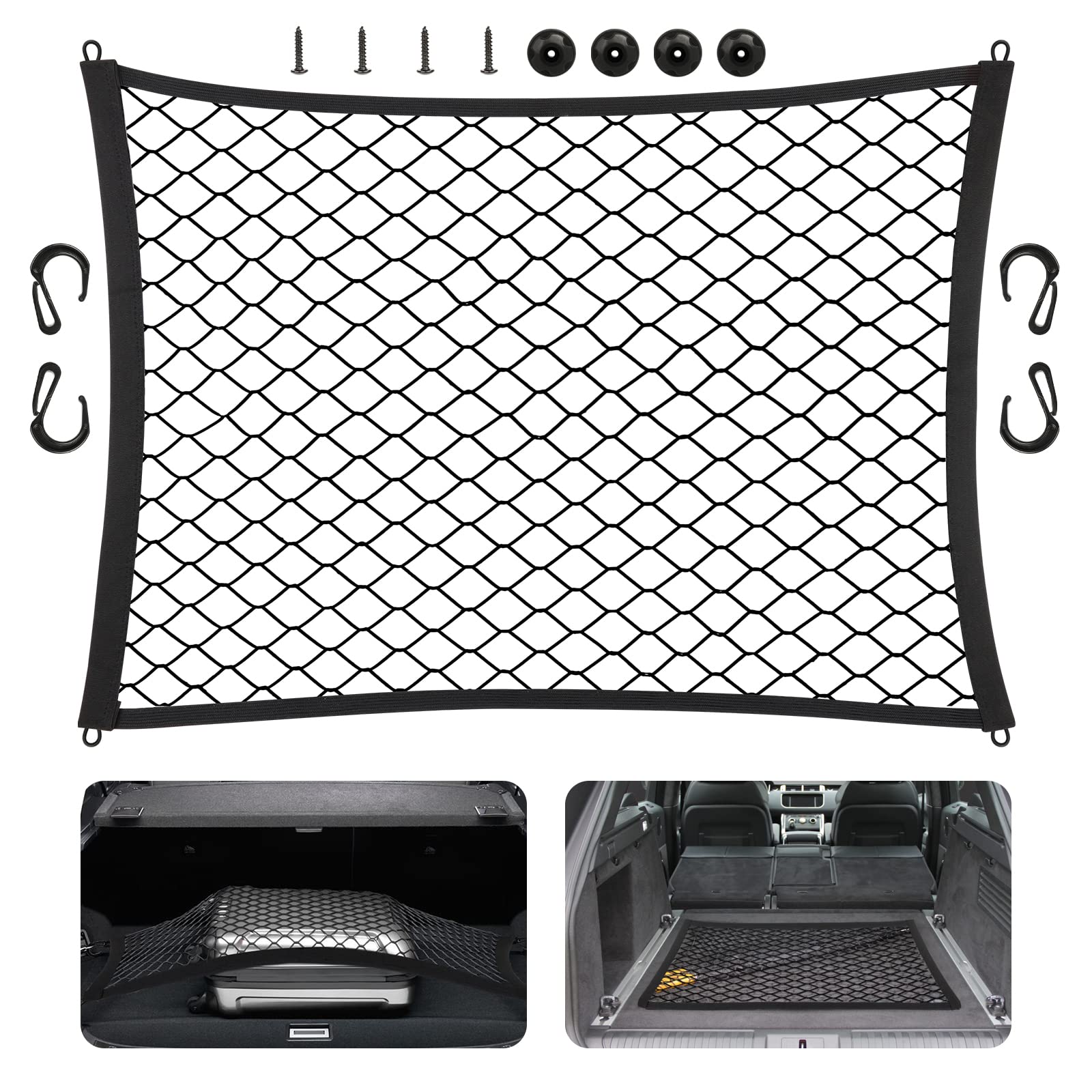 UKOFEW Kofferraumnetz fürs Auto, Auto Netz Organizer, Elastisch Kofferraum Netz für Auto mit Haken, Elastisch Schwarz, für Die Meisten Autos (80x60CM) von UKOFEW