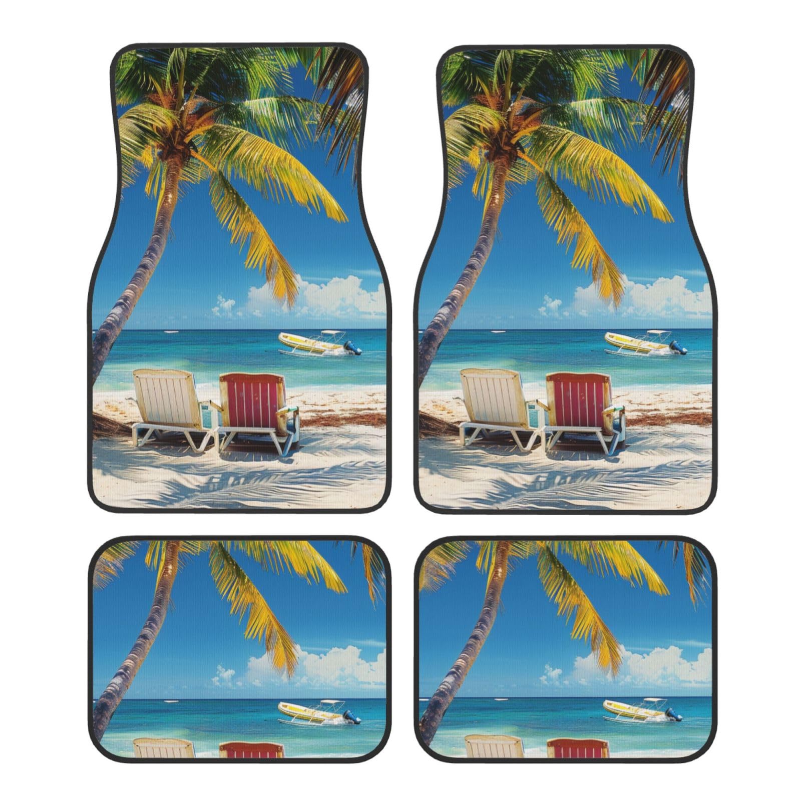 Beach Palm Tree Chairs Boats Printed Car Foot Mat 4 Piece - Anti Slip Crystal Velvet Automotive Floor Mats for Most Cars SUV Trucks, Universal Full Set Vehicle Carpet von ULKMFFCF