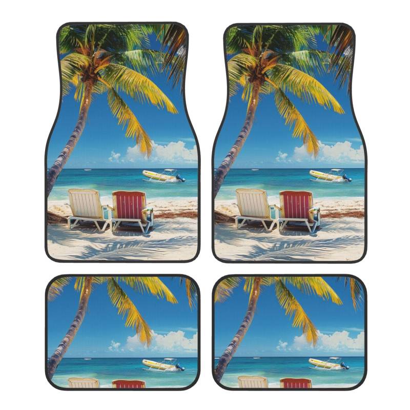 Beach Palm Tree Chairs Boats Printed Car Foot Mat 4 Piece - Anti Slip Crystal Velvet Automotive Floor Mats for Most Cars SUV Trucks, Universal Full Set Vehicle Carpet von ULKMFFCF