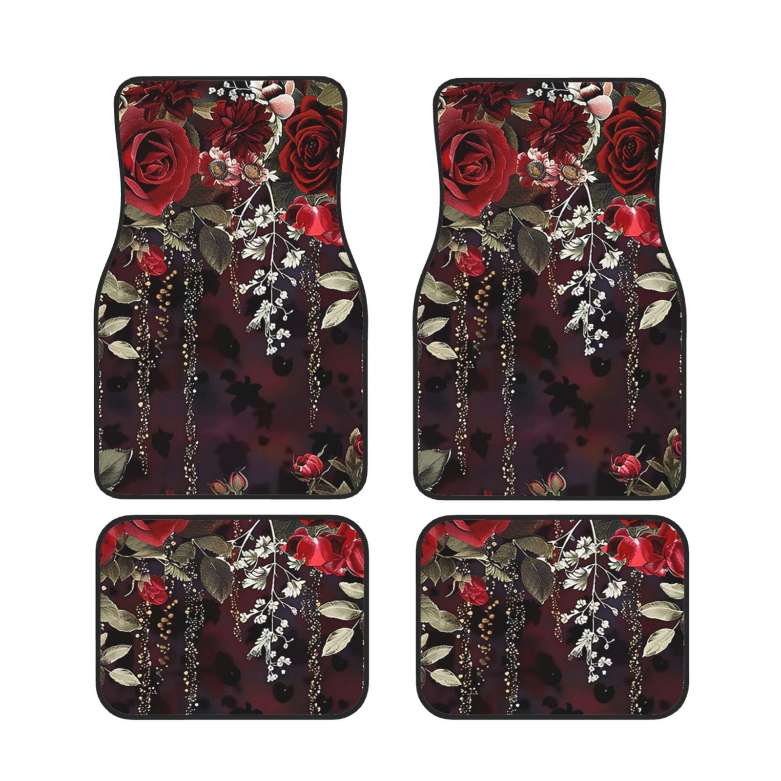 Red Rose Floral Printed Car Foot Mat 4 Piece - Anti Slip Rubber Automotive Floor Mats for Most Cars SUV Trucks, Universal Full Set Vehicle Carpet von ULKMFFCF