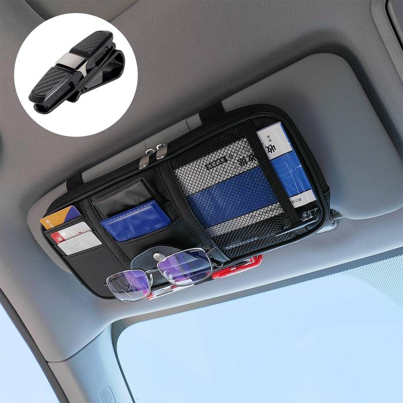 Auto Sonnenblende Organizer,Ausgestattet mit Brillenclips,29*15*3cm Auto Accessoires Innenraum Sonnenblende Organizer,Car Essentials,Multifunktions Aufbewahrungstasche für Karten,Lizenz,Stift,Brillen von UMLIPOT