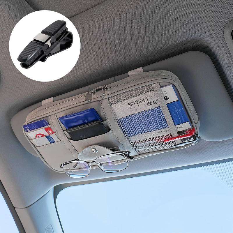 Auto Sonnenblende Organizer,Mit Brillengestell,Auto Accessoires Innenraum Sonnenblende Organizer,Car Essentials,Multifunktions Aufbewahrungstasche für Karten, Schlüssel,Auto-Innenzubehör(Grau) von UMLIPOT