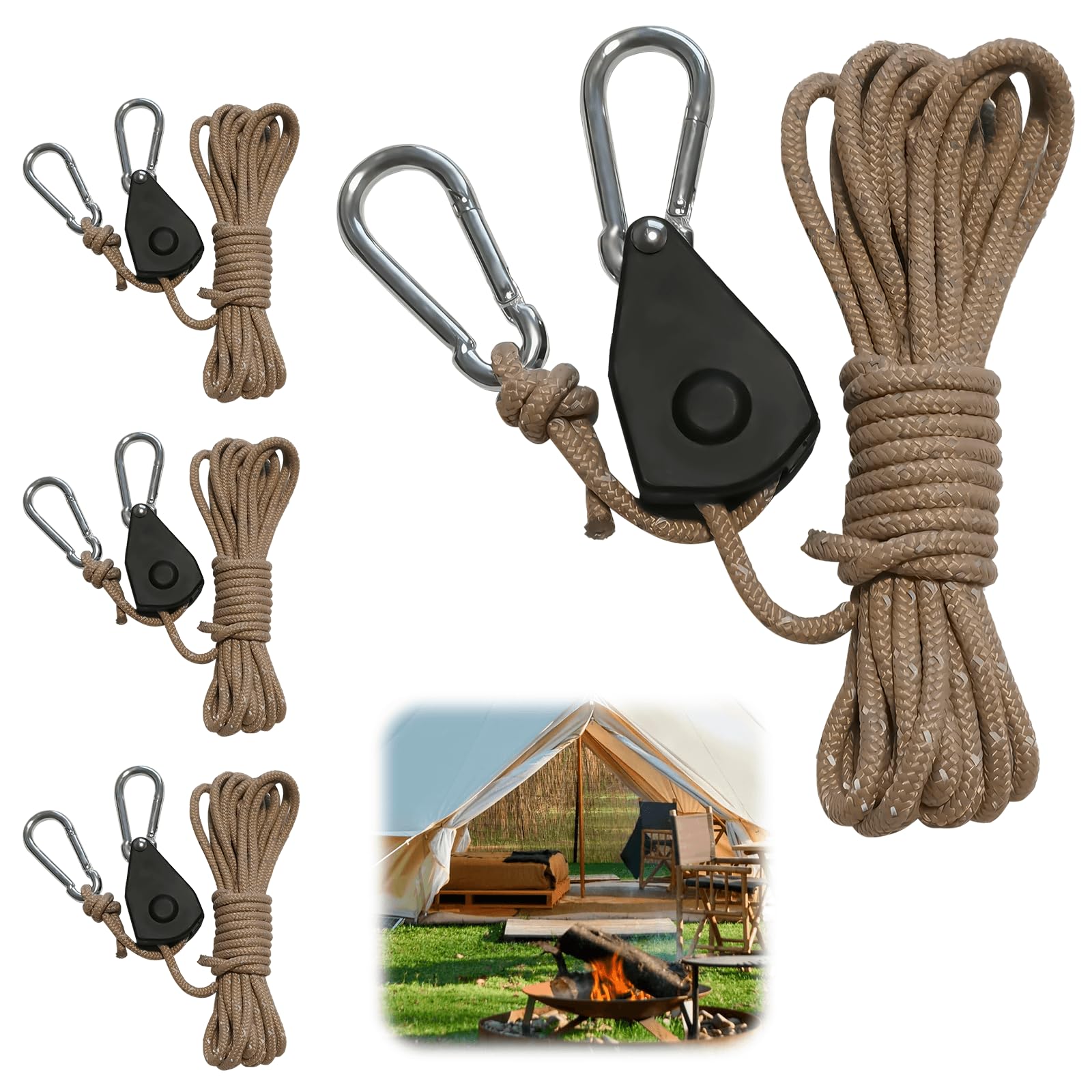 4 Stück Reflektierend Abspannseile Seil mit Seilspanner, 4M Einstellbarer Seilratsche, Seil Ratsche Zeltschnur, Nylon Schnurspanner Camping Schnur Sturmband für Zelt Zeltplane Camping Rope Ratchets von UNISOPH