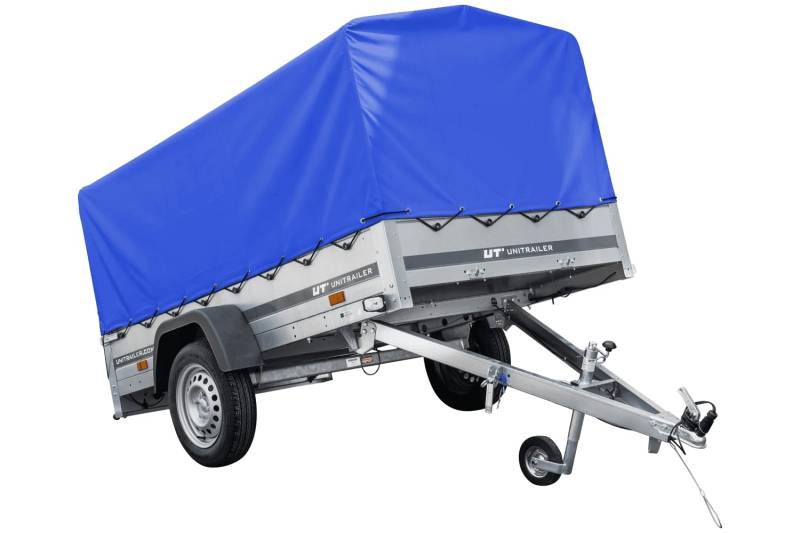 Auto Anhänger 230x125 Garden Trailer 230 KIPP Unitrailer 750 kg mit Stützrad, blauer Hochplane und Hochspriegel von UNITRAILER